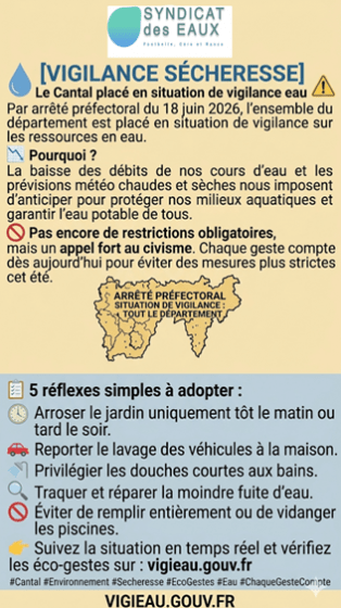 Placement du Cantal en vigilance sécheresse